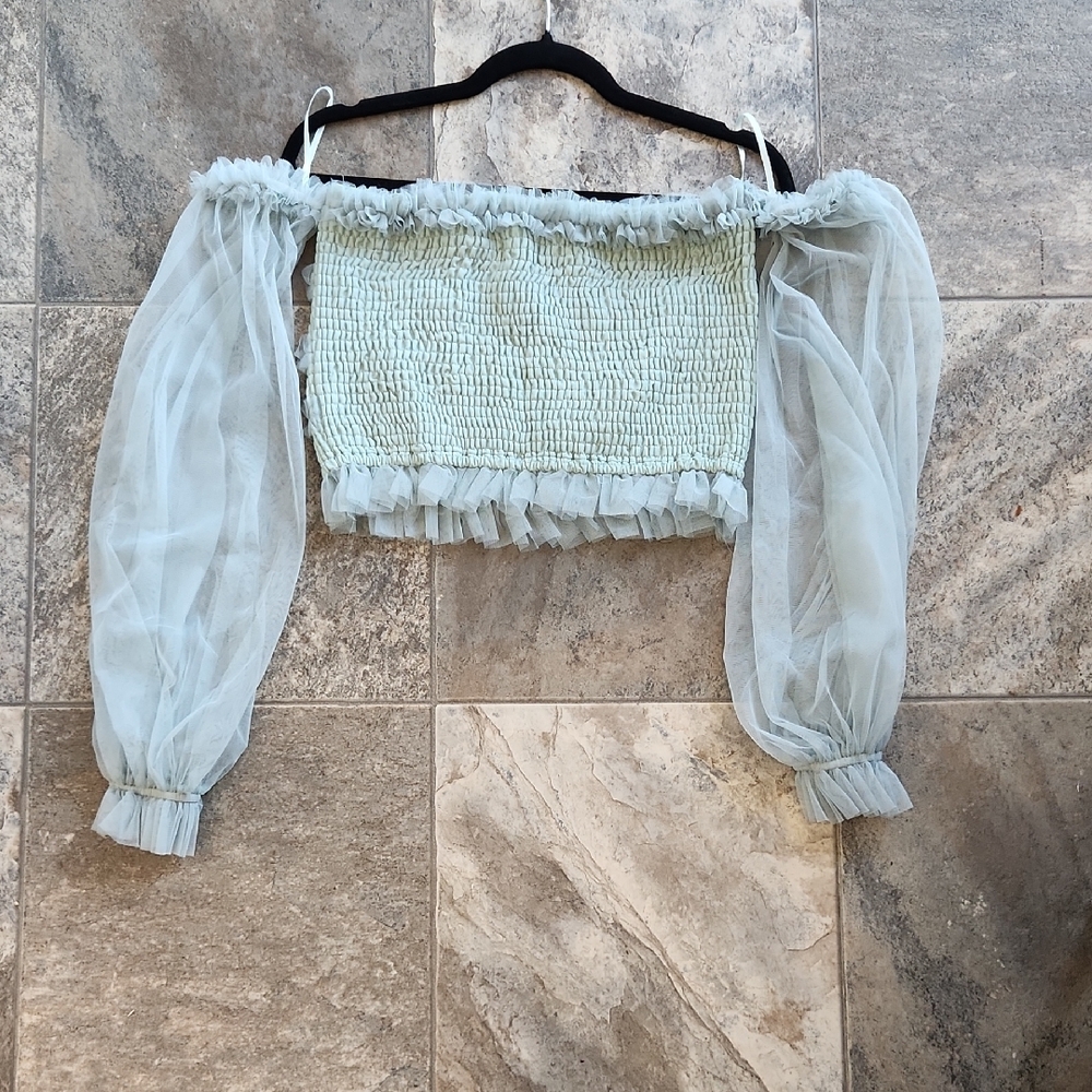 Mable Soft Blue Green Ruffled Whimsical Blouse - Picture 5 of 9